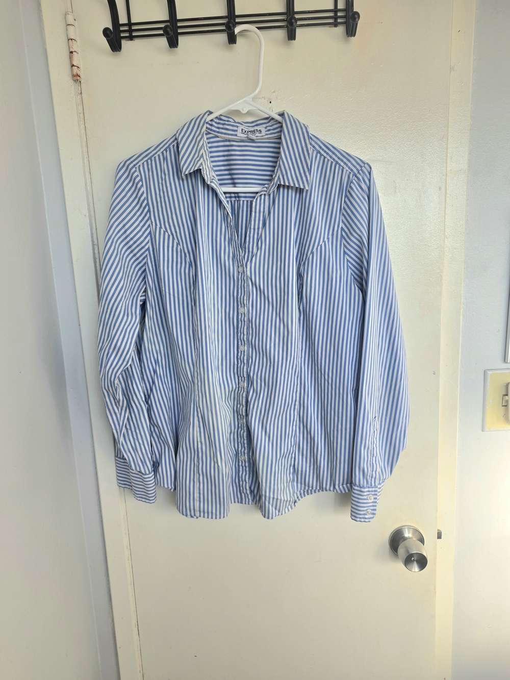 Express Men’s Blue and White Striped Button-Down Shirt